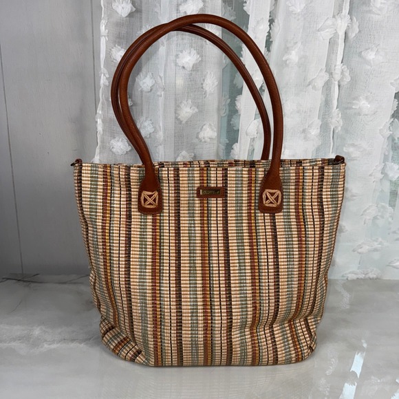Sun N Sand Handbags - Sun N Sand Woven Striped Tote Bag Zip Close Summer Beach Resort Vacation Cruise